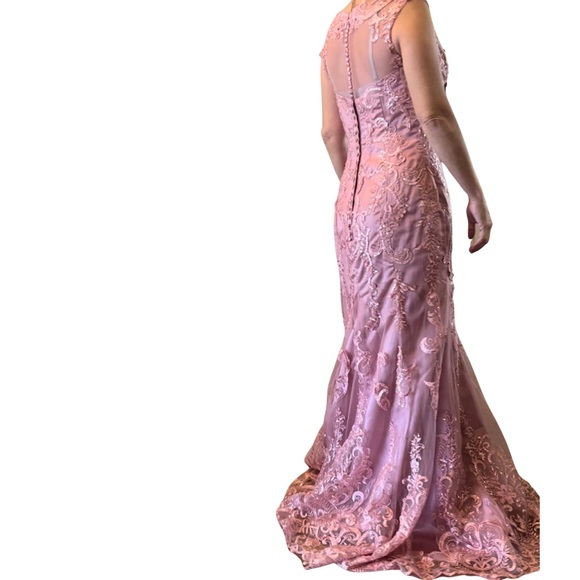 Long Dusty Rose Formal, Evening Gown, Mermaid fit with Tooling, lace & sequins - Picture 5 of 17